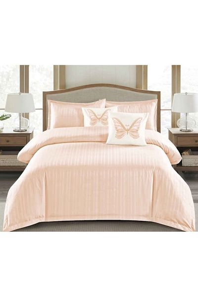 OEM Lenjerie de pat dublu, Primavara, Damasc, 2 persoane, 6piese, 180x200cm, Alb-Somon