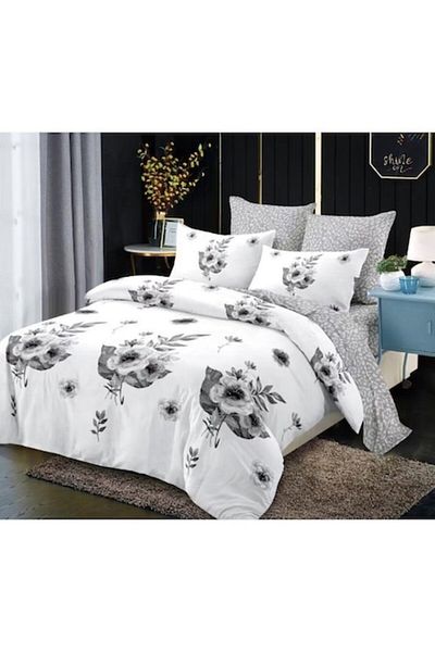 OEM Double Bed Linen Set, Spring, Elastic Sheet, 6 Pieces, 2 Persons, 180x200cm, Finet, Mini Bouquet, Wh