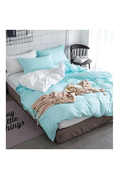 OEM Double Bedding Set, Satin Cotton, 4 Pieces, 2 People, 240x250cm, Striped Print, Turquoise-White