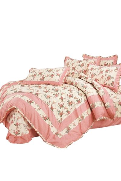 OEM Luxury Bedding Set with Ruffles, Finet, 4 pieces, 2 persons, 230x250cm, Floral Print, Ivory-Coral