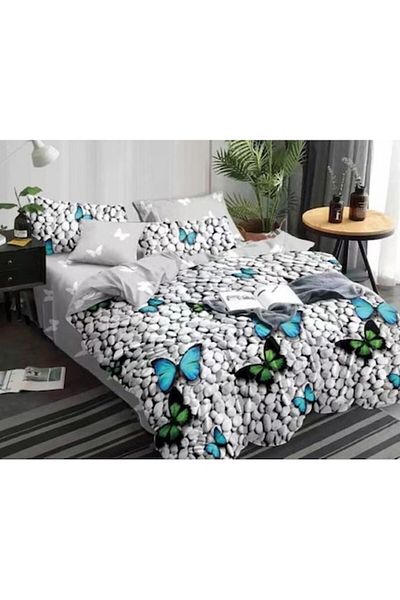OEM Double Bedding Set, Stone and Butterfly Print, 4 Pieces, 1 Person, 160x210cm, Finet Satin, Grey Mult