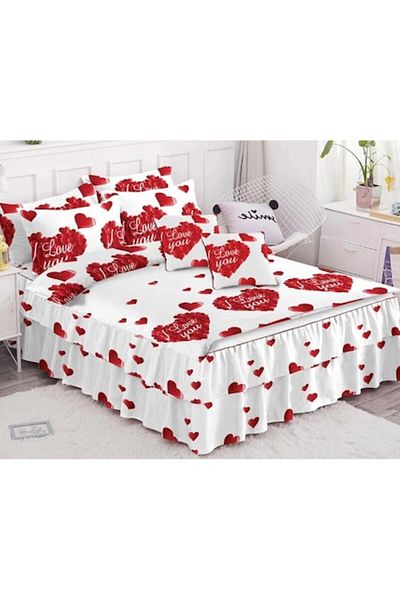 OEM Set lenjerie de pat dublu cu volane, 6 piese, model inimioare, 270x245cm, alb-roșu
