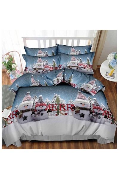 OEM Bedding Set, Elastic Sheet, Finet, 2 Persons, 6 Pieces, Snowmen, 180x200cm, Multicolor