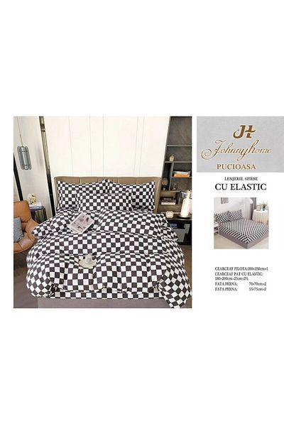 OEM Double Bed Sheet Set, Elastic Fitted Sheet, Checkered Print, 2 People, 180x200cm, Finet Cotton, Blac