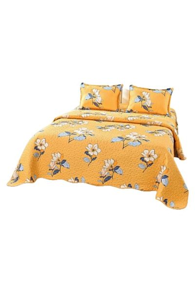OEM Cuvertură de pat, microfibră, 3 piese, 2 persoane, 220x240cm, imprimeu floral alb, multicolor