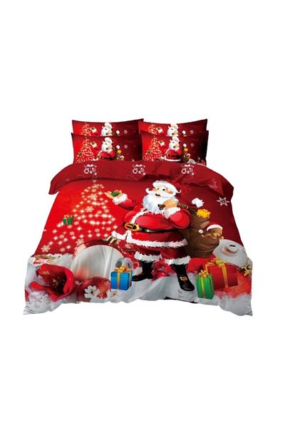 OEM Lenjerie de pat, Finet, Imprimeu Festiv Craciun, Mos Craciun Darnic, 6 piese, 2 persoane, 240x250cm,