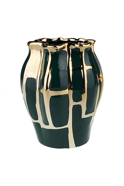 OEM Vaza din ceramica bombata, cu dungi aurii, 14x17 cm, negru