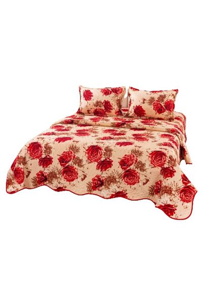 OEM Cuvertura de pat, Microfibra, 3 piese, 2 persoane, 220x240cm, Imprimeu Trandafiri, Bej-Rosu