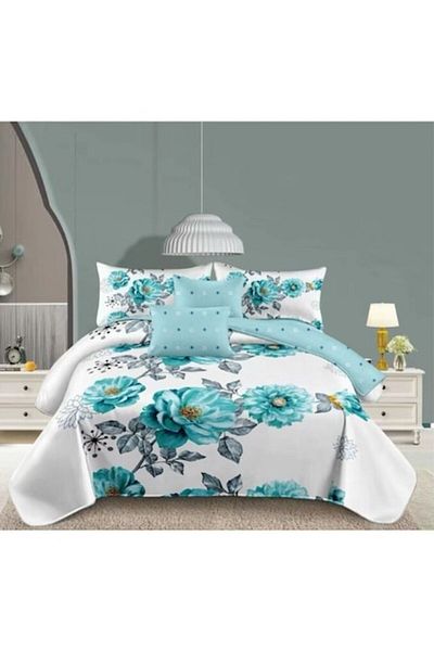 OEM Double Bed Linen Set, 6 Pieces, For Two People, 180x200 cm, Turquoise Floral Print, Multicolor
