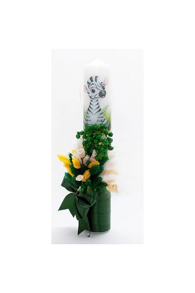 OEM Lumânare de botez, Zebră, Flori uscate, 35x6cm, Verde