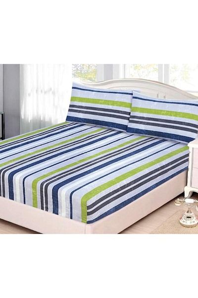 OEM Bed Cover with Elastic, 2 Person, 3 Pieces, Striped, Multicolor, 160x200 cm