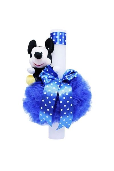 OEM Lumânare de botez, tul și pluș, Mickey Mouse, 35x5cm, albastru închis