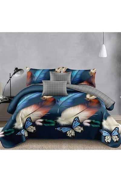 OEM Lenjerie de pat dublu 6 piese, 2 persoane, 180x200 cm, Imprimeu fluturi si pene regale, multicolor