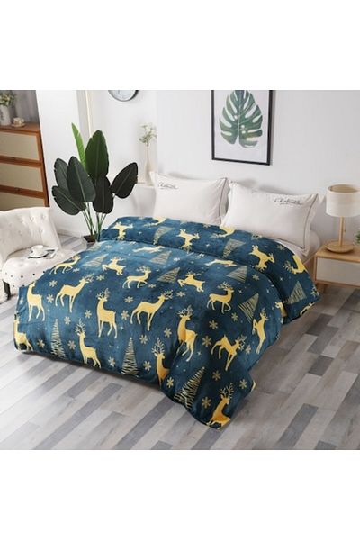OEM Double Blanket Cocolino, 2 Persons, 200x230cm, Christmas Print, Reindeer, Green-Beige