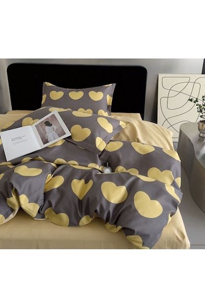 OEM Set de lenjerie de pat, model inimă, 4 piese, individual, 155x220cm, satin fin, galben-gri