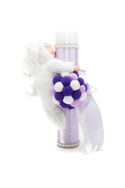 OEM Lumânare de botez cu pompon și îngeraș, 35x7cm, liliac multicolor