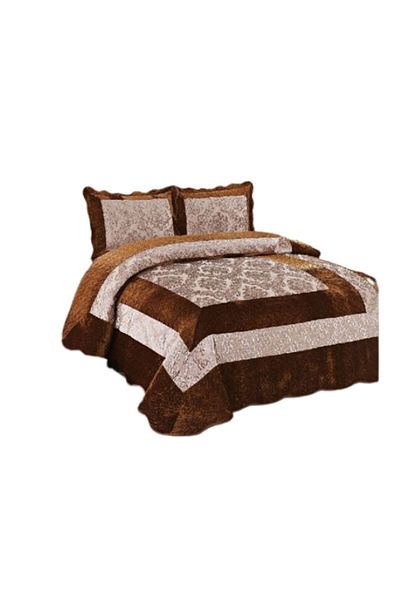 OEM Cuvertura si 2 fete de perna, Catifea Lux, 3 piese, 2 persoane, 230x250cm, Maro-Crem