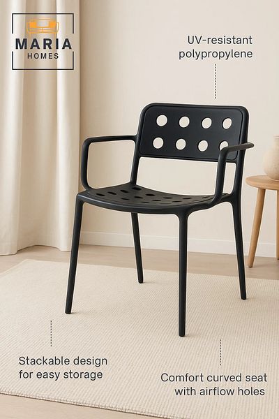 MARIA HOMES Contemporary Black Plastic Armchair – Perforated Back and Seat Design
