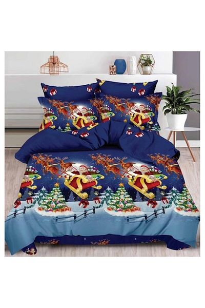 OEM Lenjerie de pat, Cearșaf cu Elastic, Finet, 2 persoane, 6 piese, Sania lui Mos Craciun, 180x200cm,