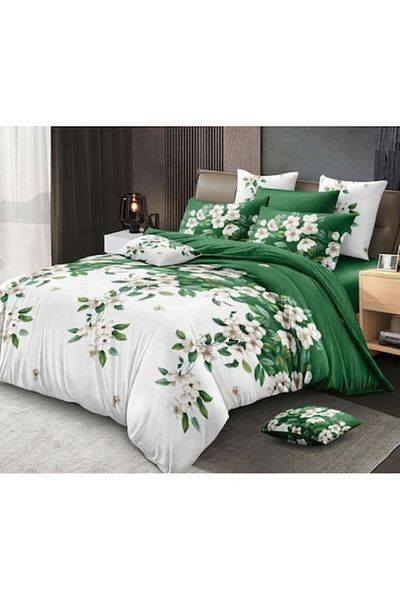 OEM Lenjerie pat dublu, imprimeu Crengute Inflorite, 6 piese, 2 persoane, 245x250cm, Finet, Alb-Verde