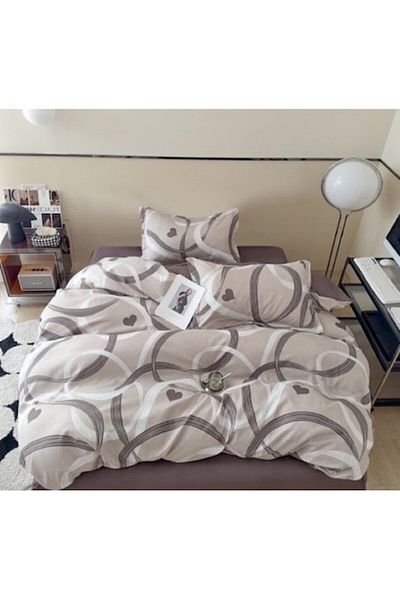 OEM Lenjerie de pat, nuanțe abstracte de bej, 4 piese, 1 persoană, 155x220cm, satin fin