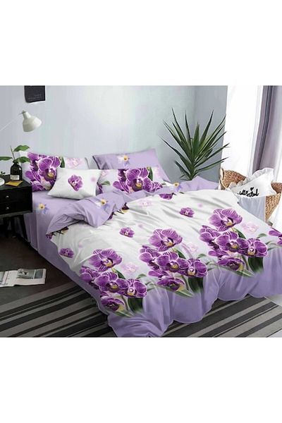 Pucioasa Set Lenjerie de Pat Dublu, Pucioasa, Finet, 6 piese, Imprimeu Orhidee Mov, 245x250cm, Alb-Liliac