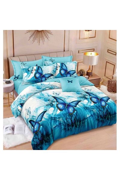 OEM Double Bed Bedding Set, Reversible, 6 Pieces, Turquoise Butterfly Print, 240x250cm, Satin Cotton, Mu