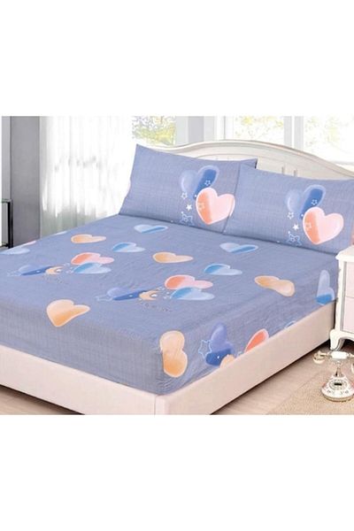 OEM Husa de pat, 1 persoana, cu elastic, 2 piese, imprimeu inimioare, multicolor, 140x200 cm