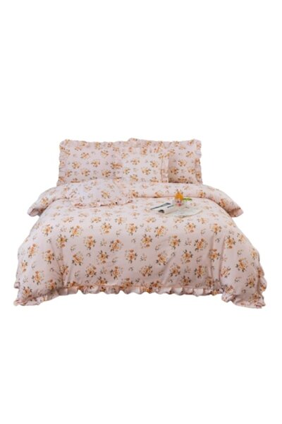 OEM Σετ πολυτελών κλινοσκεπασμάτων, ροδακινί φλοράλ, Βαμβάκι, σχέδιο με βολάν...