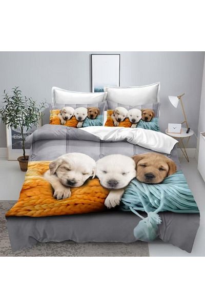 OEM Double Bed Linen, 230x250 cm, 6 pieces, 3D, fine, cute puppy print, multicolor