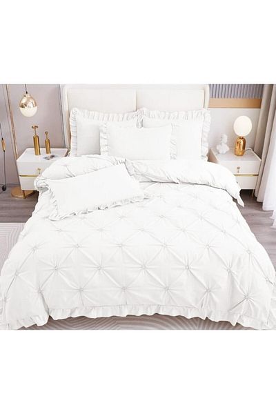 OEM Lenjerie brodată de pat dublu, Finet, Uni, 4 piese, 2 persoane, 230x250cm, Alb