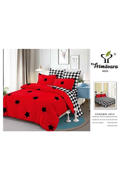 OEM Double Bed Linen, Spring, 6-piece, 2 Persons, 235x250cm, Finet, Stars, Red-Black