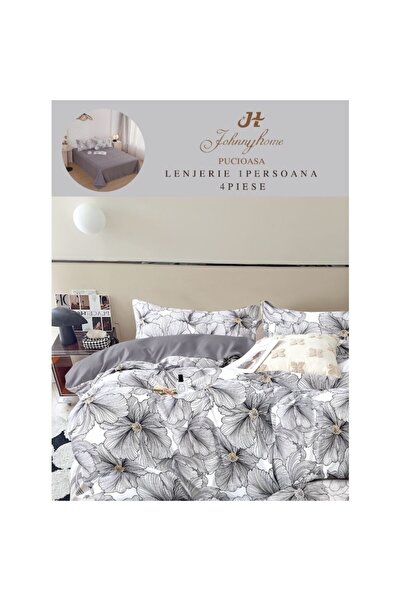 OEM Bed Linen Set with Daffodil Print, 4 Pieces, 1 Person, 155x220cm, Black-White