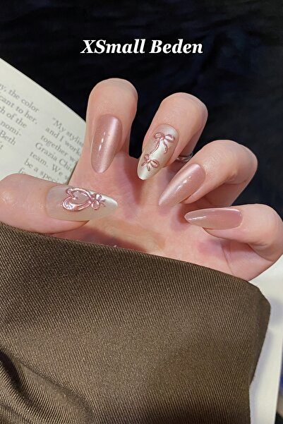 Easy Beauty XSMALL Beden Uzun Badem Pembe Kalp Desenli 10 Adet Takma Tırnak S...