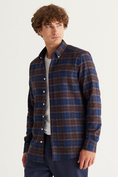 AC&Co / Altınyıldız Classics Мъжка риза Lumberjack с яка от 100% памук, тъмносиньо-кафява, с прилепнала кройка и копчета