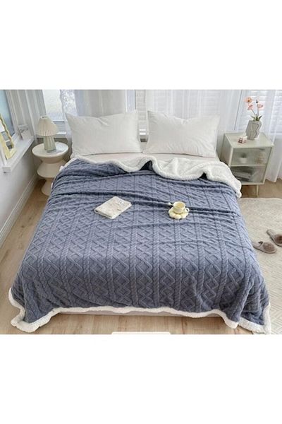 OEM Sherpa Throw Blanket, Grofat 3D Knit, 200x230cm, Bluish Gray