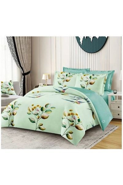 OEM Double bed linen set, 6 pieces, 2 persons 180x200 cm, leaf print on green background, multicolor