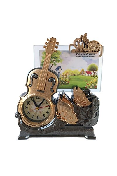 OEM Plastic Desk Clock, Violin-shaped with Photo Holder, Silver, 19x22 cm