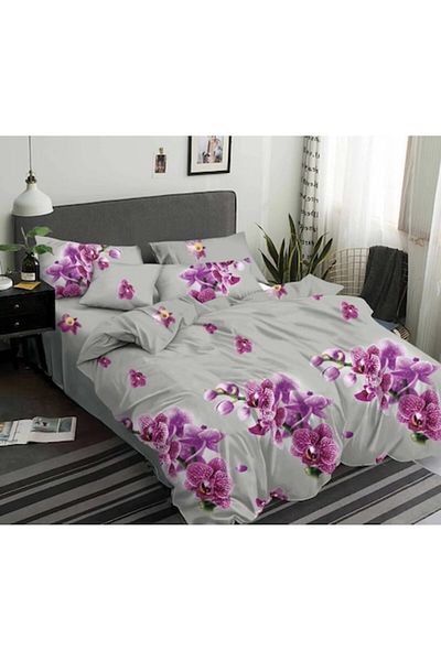 Pucioasa Lenjerie de pat dublă, Pucioasa, Finet, 6 piese, Imprimeu Orhidee, 245x250cm, Gri
