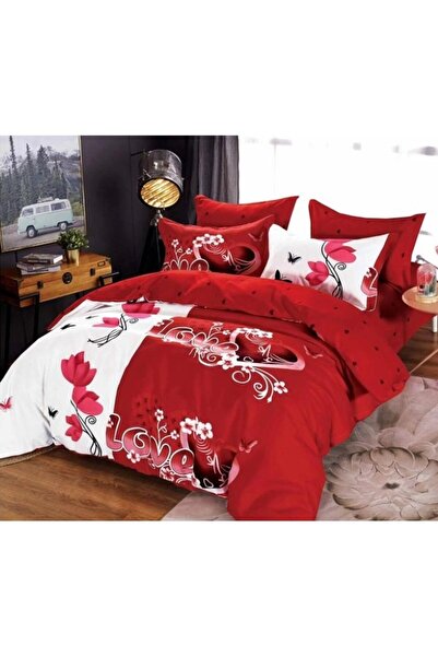 OEM Double Bed Linen, Love print, 6 pieces, for 2 persons, 245x250cm, Finet, Red-White