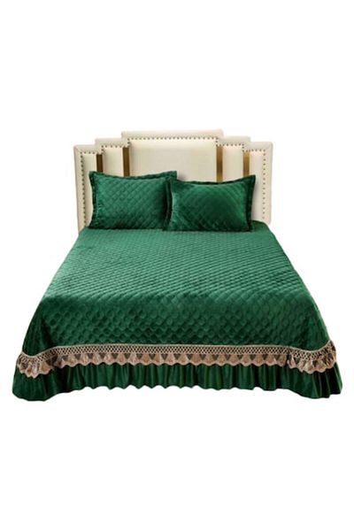 JOJO HOME Cuvertura și 2 fete de pernă, Catifea Matlasată și Broderie Aurie, Jojo Home, 3 piese, 2 persoan