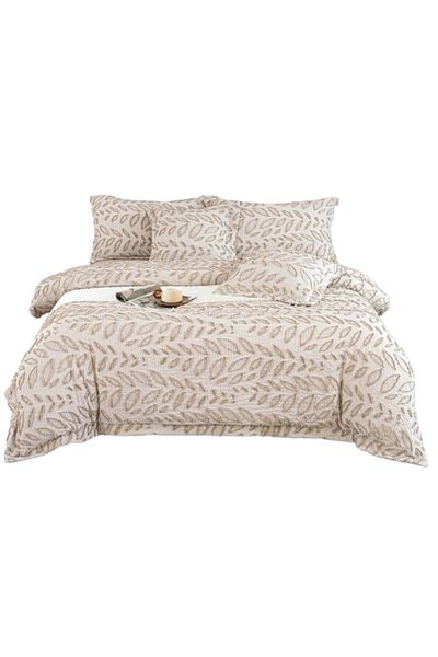 OEM Luxury Bedding Set, Cotton and Linen, Leaves Design, 6 Pieces, Double Size, 180x200cm, Cream