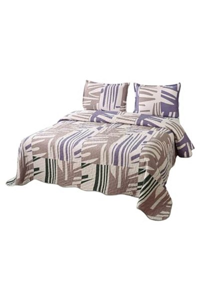 OEM Cuvertura de pat, Microfibra, 3 piese, 2 persoane, 220x240cm, Imprimeu Abstract, Bej Nuante-Bleumari