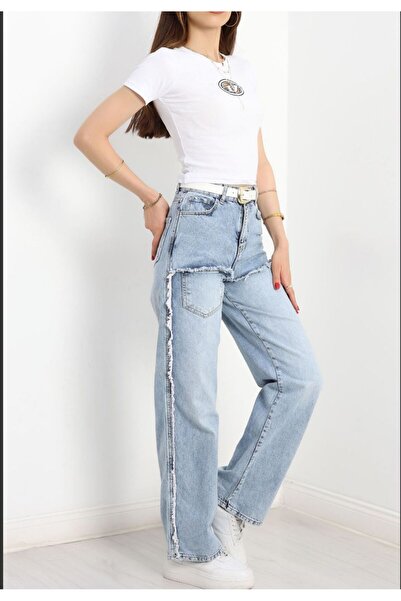 Lexsina Pantaloni Palazzo din denim largi cu talie înaltă de culoare deschisă...