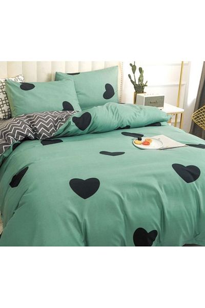 OEM Double Bed Linen, Satin Cotton, 4 Pieces, 2 Persons, Black-Green Print, 200x230cm