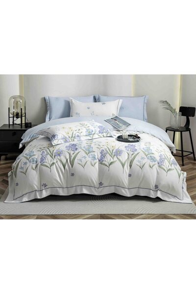 OEM Set de lenjerie de pat de lux, bumbac fin, 6 piese, 2 persoane, 180x200cm, floral, alb-albastru