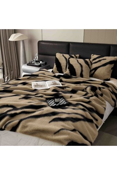 JOJO HOME Luxury Blanket and Pillowcases, Artificial Mink Fur, Bicolor, 3 Pieces, 200x230cm, Brown-Black