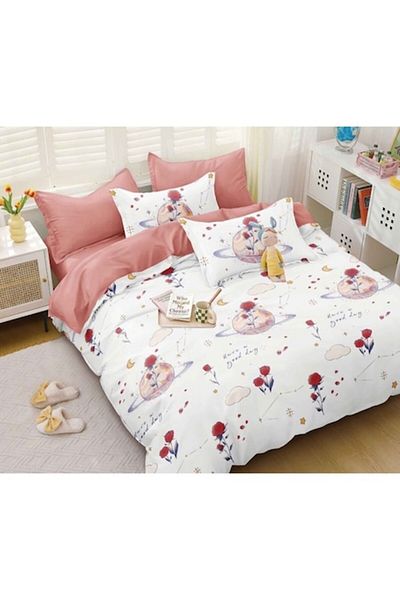 OEM Bed Linen, Fitted Sheet, Satin Cotton, 2 Persons, 4 Pieces, Rose Print, 180x