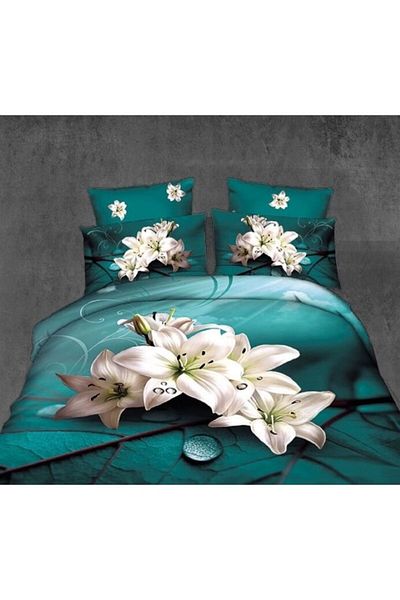 OEM Lenjerie de pat, Finet, Imprimeu 3D Multiplicat, 4 piese, 1 persoana, 155x200cm, Crini, Alb-Turcoaz