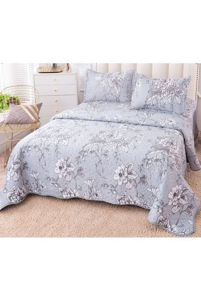 OEM Cuvertura de pat, Bumbac si IN, 3 piese, 2 persoane, 230x250cm, Imprimeu Flori Albe, Multicolor